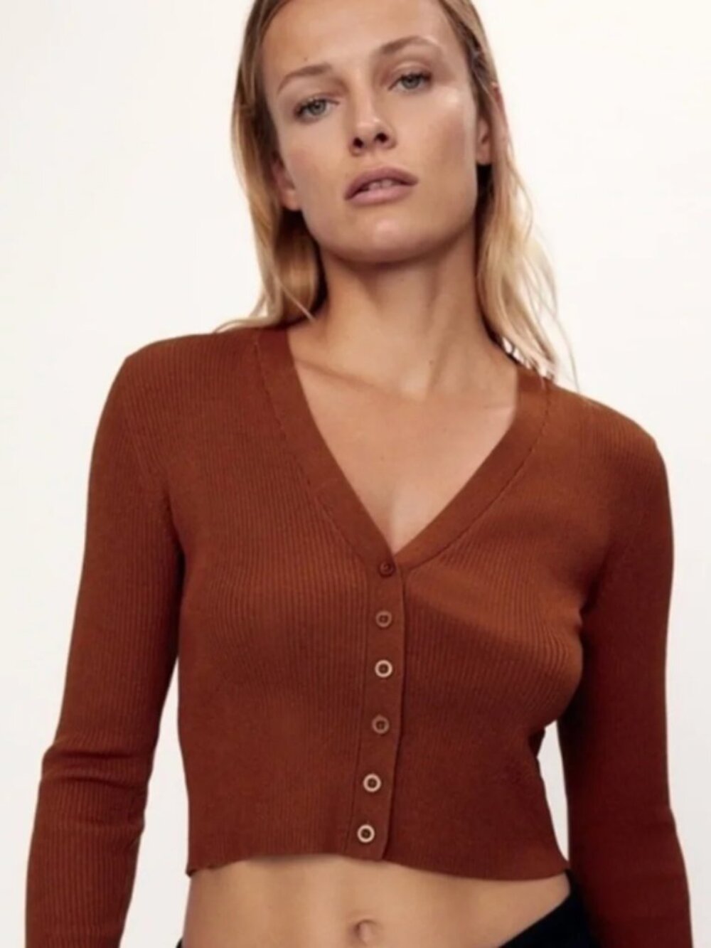 Zara | Stretch Ribbed V-Neck Cropped Length Cardigan Sweater Rust Red Medium